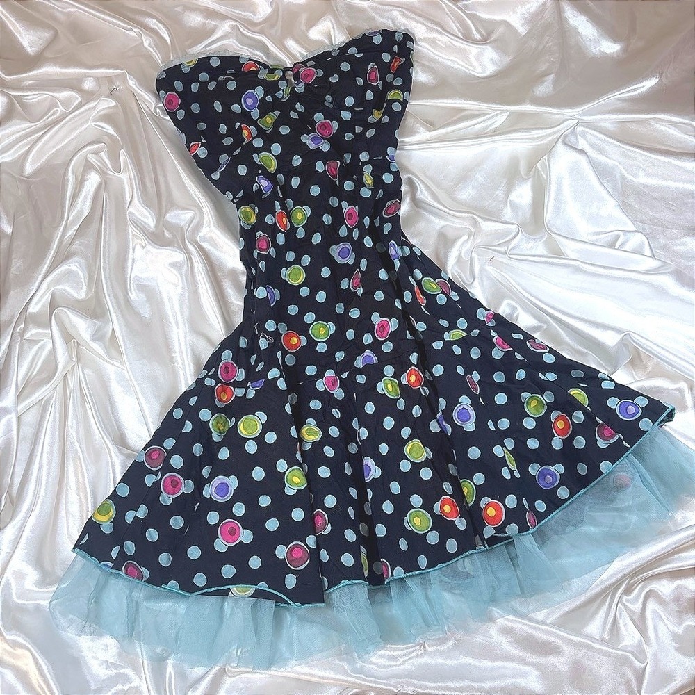 y2k Angie Strapless Mini Dress Black Polka Dot Excellent Tulle Trim Sweetheart